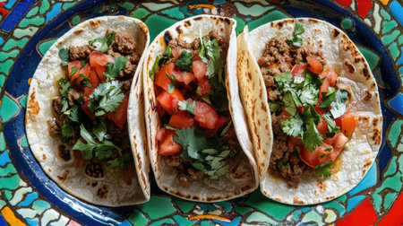 Indulge in these flavorful tacos filled with seasoned beef, fresh tomatoes, and cilantro, beautifully arranged on a vibrant plate. Perfect for any meal!の素材