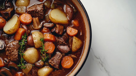A vibrant bowl of hearty beef stew featuring tender meat, fresh vegetables, and aromatic herbs. Perfect for a comforting dinner or meal prep.の素材