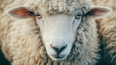 A close-up image of a fluffy sheep's face, capturing its soft wool and gentle eyes, perfect for illustrating nature, farming, or livestock themes.の素材