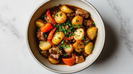 A delicious serving of hearty beef stew featuring tender chunks of beef, potatoes, vibrant vegetables, and fresh herbs, perfect for a comforting meal.の素材