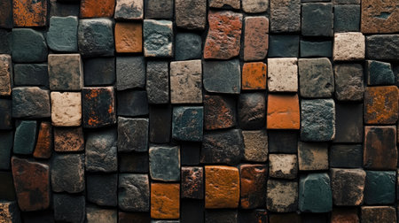 A captivating close-up of a colorful stone tile wall, showcasing an intricate texture and a mix of earthy tones. Perfect for design and architecture inspiration.の素材