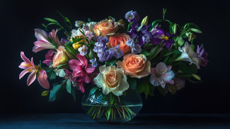 A stunning flower arrangement featuring roses, lilies, and various blooms in a glass vase. This vibrant display adds beauty and elegance to any space.の素材
