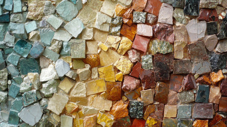 This image showcases a vibrant array of mosaic tiles arranged artfully. The colorful stones create a unique texture and captivating pattern for various design projects.の素材
