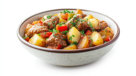 A delicious bowl of hearty meatballs served with tender potatoes and vibrant vegetables, garnished with fresh herbs. Perfect for a comforting meal.の素材