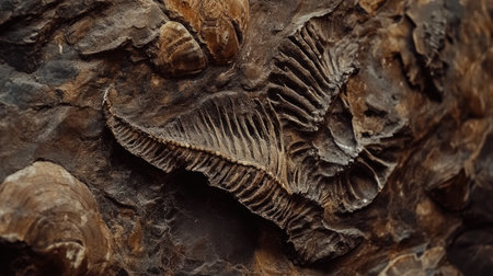 Explore the intricate details of a fossil embedded in rock, showcasing the beauty of ancient life and geological history through natural textures and patterns.の素材