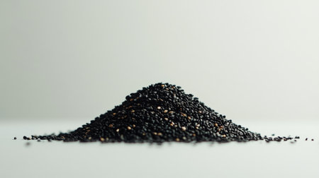 A close-up view of a mound of black sesame seeds on a light surface, showcasing their unique texture and nutritious qualities, perfect for cooking or garnishing dishes.の素材