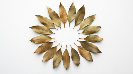 A circular arrangement of dried leaves on a clean white background creates a simple and elegant composition, perfect for nature-inspired decor.の素材