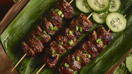 Indulge in mouth-watering grilled skewers garnished with fresh cucumbers and green onions. Perfect for summer gatherings and outdoor feasts!の素材
