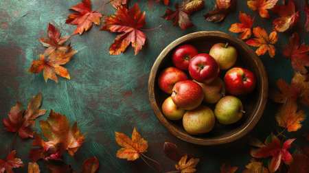 A beautiful still life featuring fresh apples nestled in a wooden bowl surrounded by vibrant autumn leaves, capturing the essence of the fall season.の素材