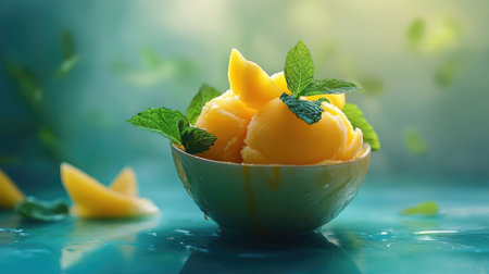 A vibrant bowl of lemon sorbet garnished with fresh mint leaves. This refreshing dessert captures the essence of summer with its bright colors and cool texture. Perfect for a sunny day or a sweet treat.の素材
