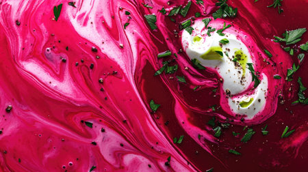 A captivating swirl of vibrant red with creamy accents and fresh herbs, perfect for showcasing culinary artistry and modern food presentation.の素材