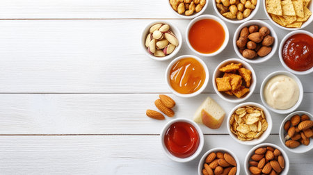 A vibrant collection of various nuts and sauces displayed in white bowls on a wooden table, perfect for appetizers or party snacks, showcasing diverse textures and flavors.の素材