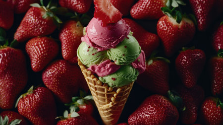 A vibrant ice cream cone topped with a fresh strawberry sits atop a bed of juicy strawberries, creating a delightful summer treat. Perfect for food lovers!の素材