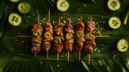 Juicy meat skewers are beautifully arranged on lush green leaves, topped with fresh cucumbers and spices, perfect for any outdoor gathering or feast.の素材