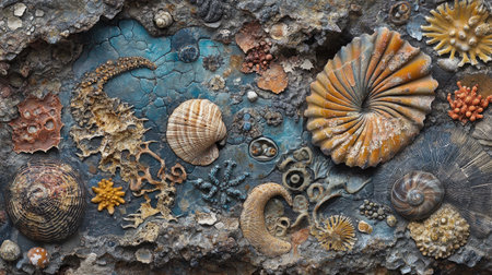 An intricate display of fossilized shells and corals showcasing rich textures and vibrant colors. Perfect for nature lovers and geology enthusiasts.の素材