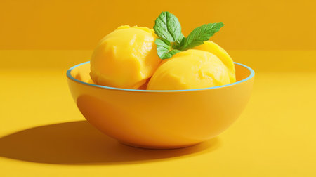Delicious yellow sorbet served in a bright bowl garnished with fresh mint. A perfect refreshing treat for summer days with a sunny ambiance.の素材