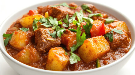 A mouthwatering bowl of savory beef stew featuring tender meat, fresh vegetables, and fragrant herbs. Perfect for a hearty meal or comforting dinner.の素材