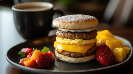 A mouthwatering breakfast sandwich featuring layers of sausage, cheese, and egg, served with fresh fruits and a cup of coffee, perfect for morning meals.の素材