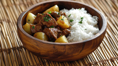 A mouthwatering beef stew served with fluffy rice, garnished with fresh herbs, captures the essence of home-cooked comfort food in a rustic bowl.の素材