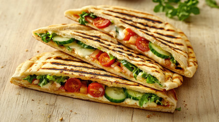 A delicious serving of grilled flatbread filled with fresh vegetables and melted cheese. Perfect for a quick lunch or a savory snack.の素材