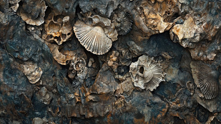 A captivating close-up of textured fossil shells embedded in a rocky surface, showcasing the beauty of nature's ancient formations and geological history.の素材