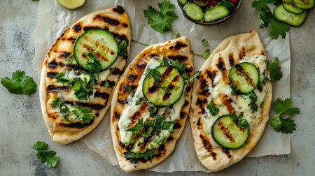 Delight in grilled flatbreads topped with fresh cucumber and herbs. Perfect for a summer dish or appetizer, this vibrant meal showcases delightful flavors.の素材