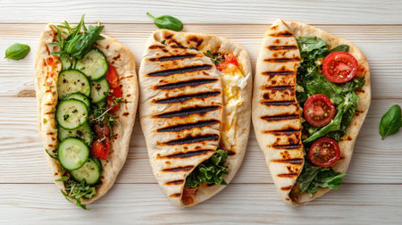 Delicious grilled pita bread filled with fresh vegetables and herbs, perfect for a healthy meal or snack. A delightful combination of flavors and colors.の素材
