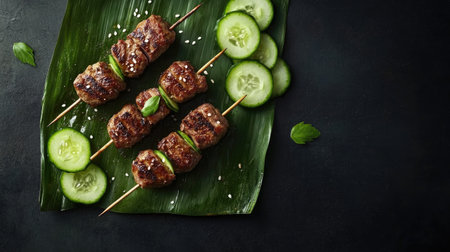Delight in a flavorful arrangement of grilled skewers paired with fresh cucumber slices, garnished with basil for a fresh and tasty dish. Perfect for summer dining!の素材