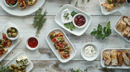 A beautiful arrangement of gourmet appetizers featuring olives, herbs, and delicious dips on a rustic wooden table, ideal for gatherings and special occasions.の素材