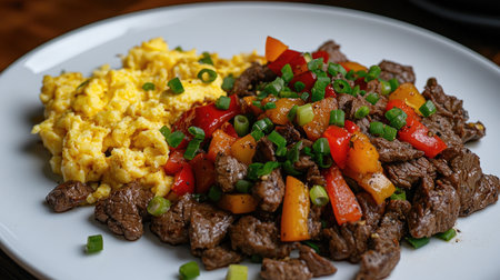 A vibrant plate of tender beef with colorful peppers alongside creamy scrambled eggs, perfect for showcasing delicious meal ideas and culinary creativity.の素材