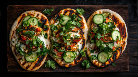 Enjoy these delicious grilled flatbreads layered with fresh tomatoes, cucumbers, and herbs, perfect for a healthy meal or outdoor gathering.の素材