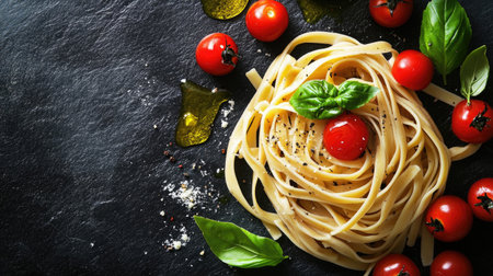 An overhead shot of fresh pasta garnished with cherry tomatoes and basil leaves. The vibrant colors and textures create an inviting and appetizing presentation.の素材