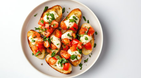 Discover a beautifully styled plate of bruschetta featuring fresh tomatoes, basil, and cheese on toasted bread, perfect for any gathering or meal.の素材