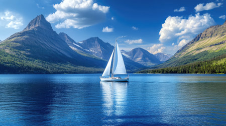 A stunning sailboat glides across tranquil waters, surrounded by majestic mountains and a clear blue sky, capturing the essence of serenity in nature.の素材