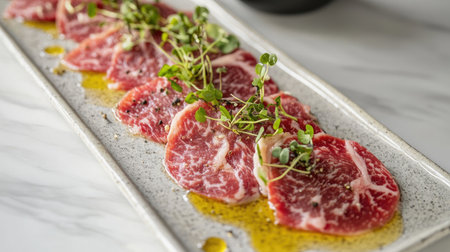 A beautifully arranged platter of raw Wagyu beef, featuring marbled slices garnished with fresh herbs. Perfect for gourmet dining or culinary displays.の素材