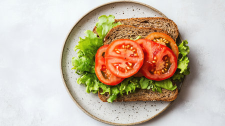 A beautifully arranged sandwich featuring vibrant layers of fresh tomatoes and crisp lettuce on whole grain bread, perfect for a nutritious meal anytime.の素材
