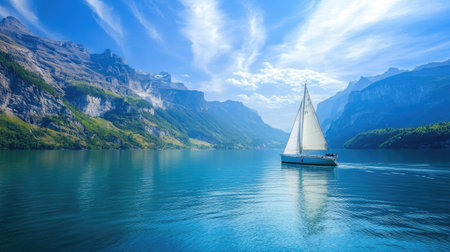A picturesque sailboat navigates gracefully through the serene blue waters, surrounded by breathtaking mountains and dramatic skies, offering a perfect escape into nature.の素材