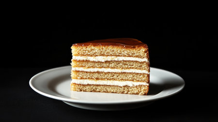 A beautifully presented slice of layered honey cake, rich with cream and topped with a glossy finish. Perfect for dessert lovers and food photography.の素材