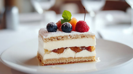 This beautifully decorated slice of Medovik features layers of creamy filling, fruit, and berries, making it a perfect dessert for any occasion.の素材