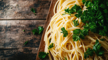 A captivating close-up of spaghetti garnished with fresh herbs, presenting a rustic and inviting culinary experience. Perfect for food lovers.の素材