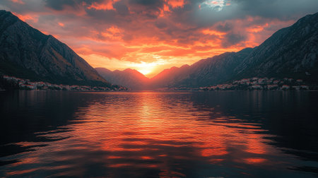 Experience a stunning sunset view over Kotor Bay in Montenegro, where vibrant colors reflect on calm waters, framed by majestic mountains and scenic landscapes.の素材