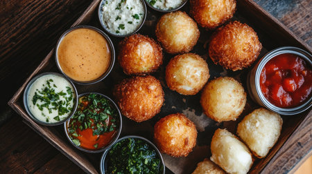 An overhead view of a wooden platter filled with golden, crispy fried balls accompanied by a variety of savory dipping sauces, perfect for sharing.の素材