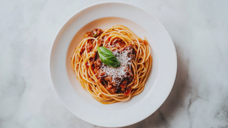 A beautifully plated spaghetti dish topped with fresh basil and cheese, showcasing vibrant colors and inviting textures, perfect for any dining occasion.の素材