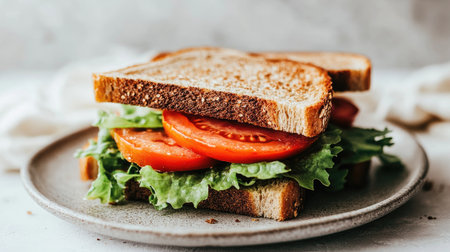A beautifully arranged sandwich featuring vibrant lettuce and juicy tomatoes, showcasing fresh ingredients on wholesome bread for a delicious meal.の素材
