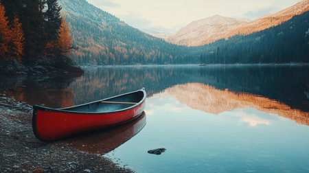 A vibrant red canoe rests peacefully on the shores of a tranquil lake surrounded by stunning autumn colors, reflecting the serene mountains in the background.の素材