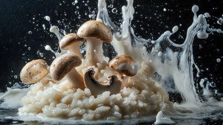 Capture the essence of culinary art with this stunning image of creamy mushroom risotto splashing amidst a dramatic backdrop, showcasing freshness and flavor.の素材