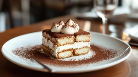 This beautifully presented tiramisu features rich layers of coffee-soaked sponge and creamy filling, garnished with cocoa and whipped cream, perfect for dessert lovers.の素材