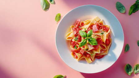 A beautifully styled plate featuring fresh pasta topped with vibrant basil and flavorful tomatoes. Perfect for food lovers and culinary enthusiasts.の素材
