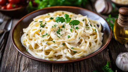A beautifully presented plate of creamy fettuccine Alfredo garnished with herbs, perfect for a delicious meal. Ideal for food lovers and recipe creators.の素材