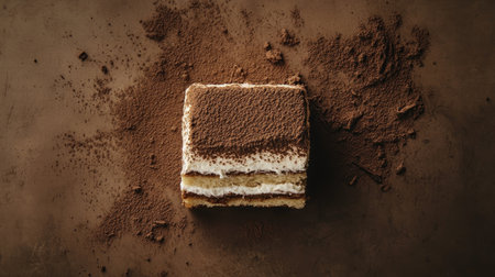 Captivating aerial view of a slice of tiramisu on a rustic surface, showcasing rich layers of coffee and cream, perfect for dessert enthusiasts and foodies alike.の素材